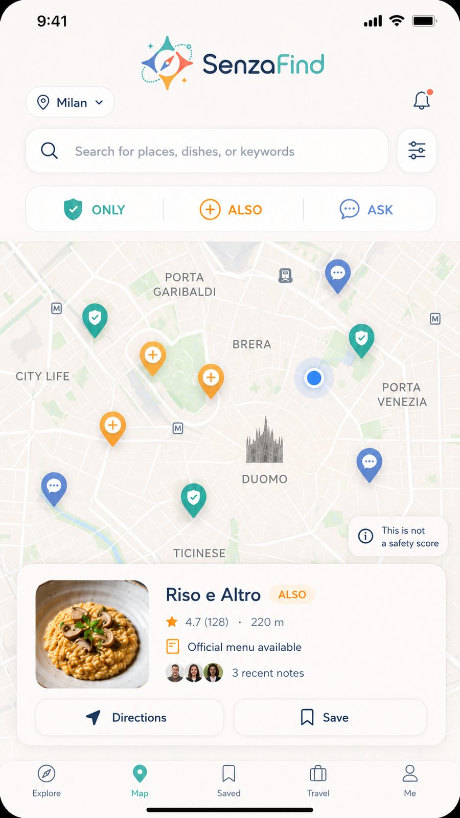 SenzaFind map in development showing ONLY, ALSO, and ASK pins. The product is not a safety score.