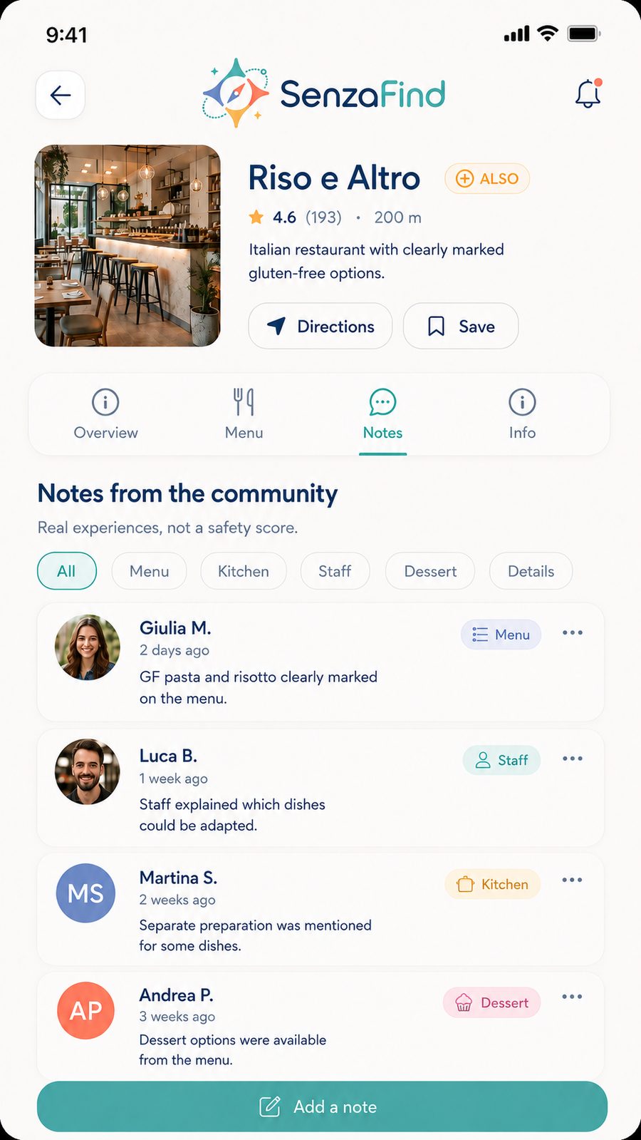 SenzaFind community notes in development: short dated observations, not a gluten-free star rating.