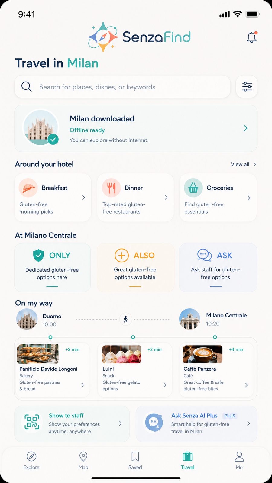 SenzaFind travel layer in development for meals, hotels, and stops on the way.